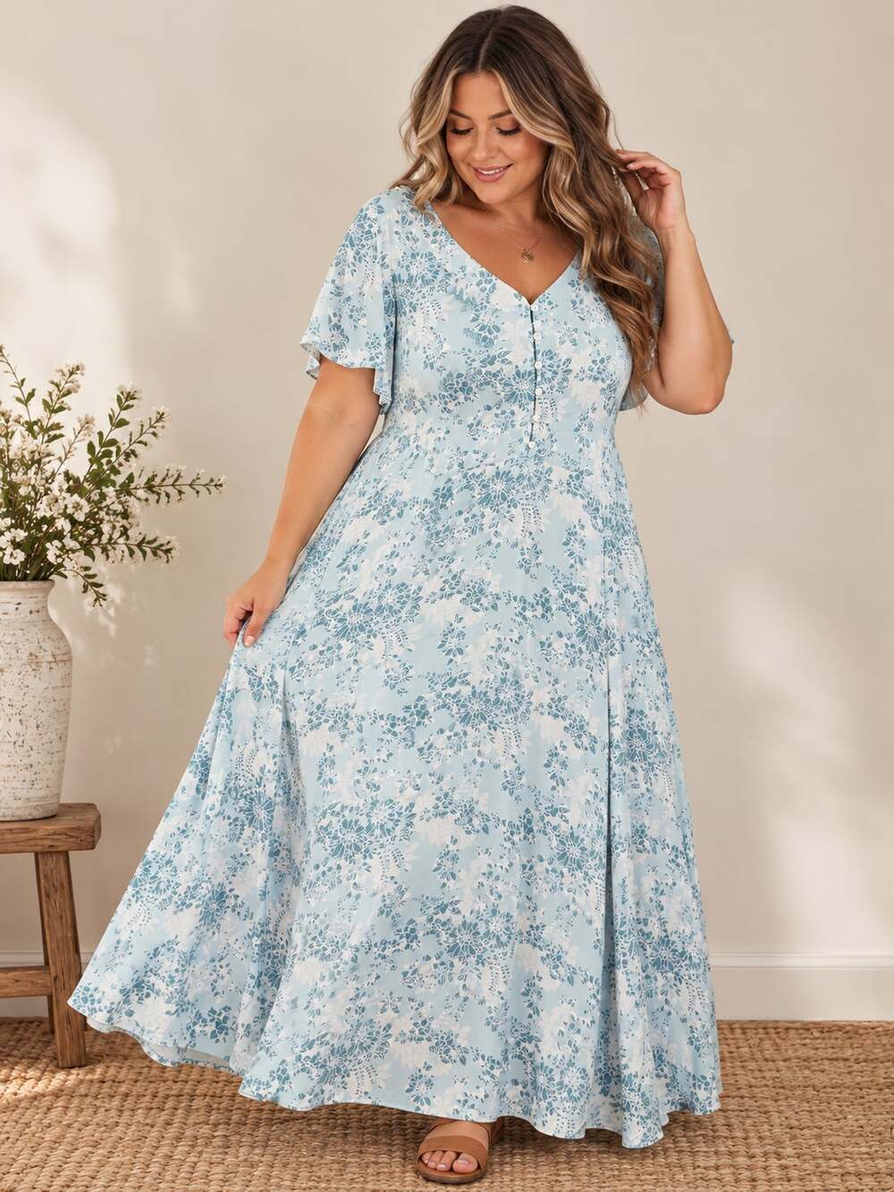 Eddie Bauer Floral Maxi Dress 3X Blue White Button Up Cottage Prairie 90s Y2K